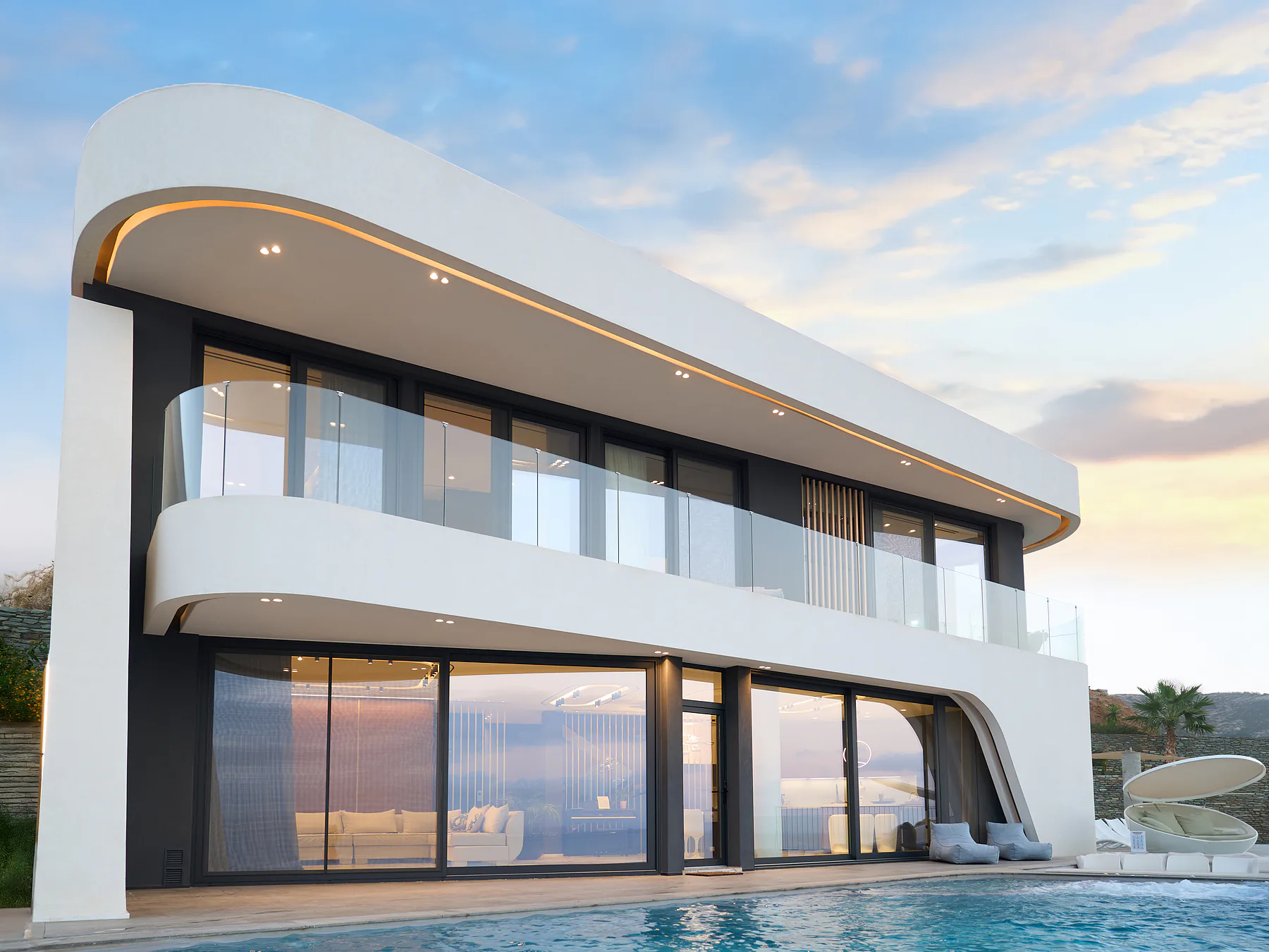 Contemporary villa with curved architecture and sea-view pool.