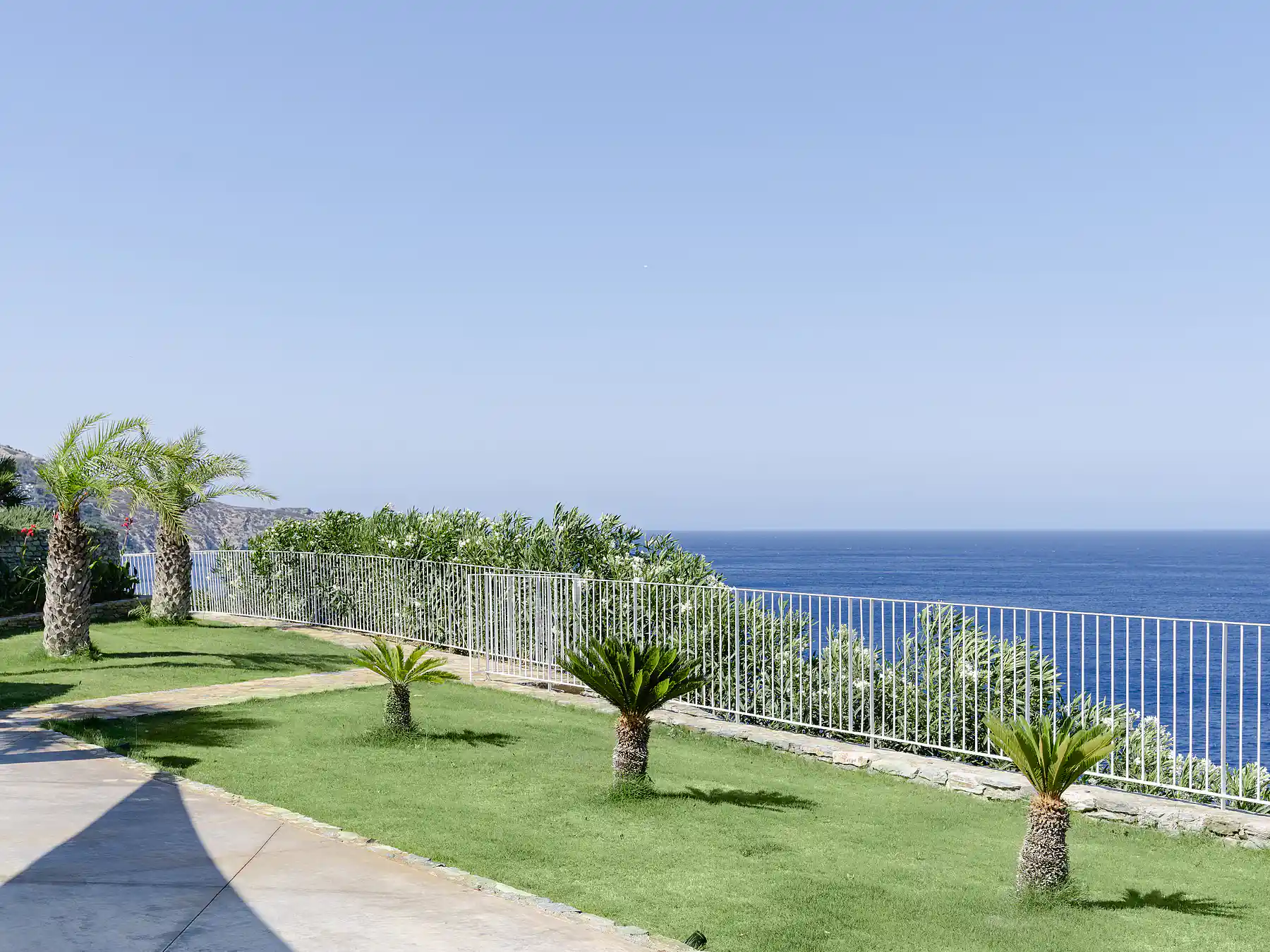 Lush green lawn with palm trees and unobstructed sea view from Meltemi Villa’s garden.